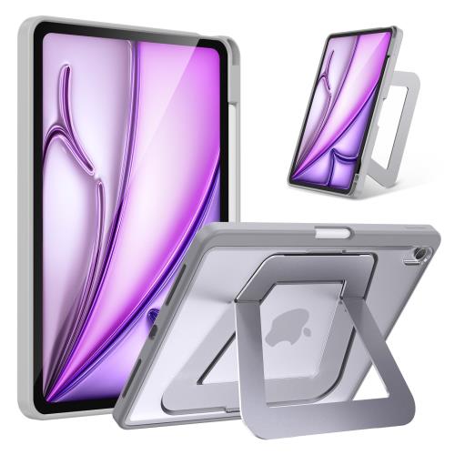 米軍MIL規格・縦置き/横置きスタンド iPad Air 11インチ ケース M3（2025）・M2（2024）対応 iPad Air 第5/4世代（2022/2020）専用カバー アルミ調節式 縦横スタンド ペンシルホルダー付き 薄型 軽量 耐衝撃 半透明カバー (グレー)
