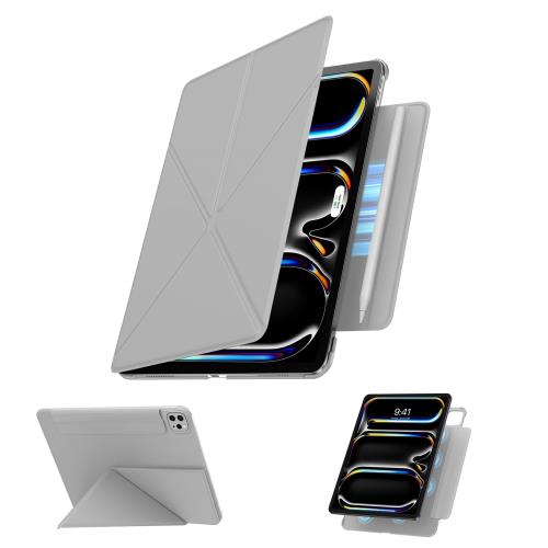 2025年新登場・エッジ保護・磁気吸着式HEIGKOIK iPad Pro 11インチ ケース M4 (2024・第5世代) 専用 ペン収納 スタンド機能 横置き・縦置き対応 三角構造 超薄型・軽量 安定設計 折りたたみ式 角度調整可能 全面保護 耐衝撃 オートスリープ対応(ライトグレー)
