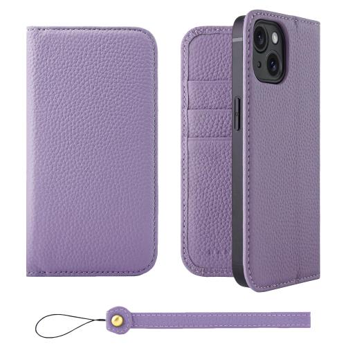 HANATORA iPhone15 ケース 手帳型 本革 スマホケース スマホ スタンド ストラップ 付き シュリンクカーフレザー ギフト ベルトなし マグネットなし パープル H0XA-15-Purple ギフト 誕生日ギフト 女性 彼女 お母さん お父さん 人気商品 30代 40代 50代 60代 70代