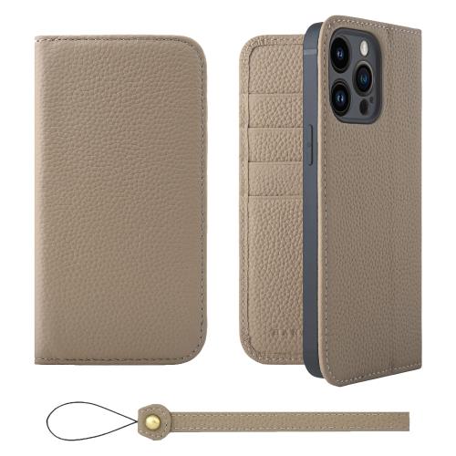 HANATORA iPhone14ProMax ケース 手帳型 本革 スマホケース スマホ スタンド ストラップ 付き シュリンクカーフレザー ギフト ベルトなし マグネットなし グレージュ