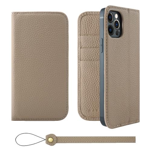 HANATORA iPhone12 12Pro ケース 手帳型 本革 スマホケース スマホ スタンド ストラップ 付き シュリンクカーフレザー ギフト ベルトなし マグネットなし グレージュ H0XA-12Pro-Grege ギフト 誕生日ギフト 女性 彼女 お母さん お父さん 人気商品 30代 40代 50代 60代 70代
