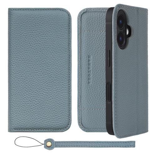 HANATORA iPhone16 ケース 手帳型 本革 スマホケース スマホ スタンド ストラップ 付き シュリンクカーフレザー ギフト ベルトなし マグネットなし ブルーグレー H1SPA-16-BlueGray ギフト 誕生日ギフト 女性 彼女 お母さん お父さん 人気商品 30代 40代 50代 60代 70代