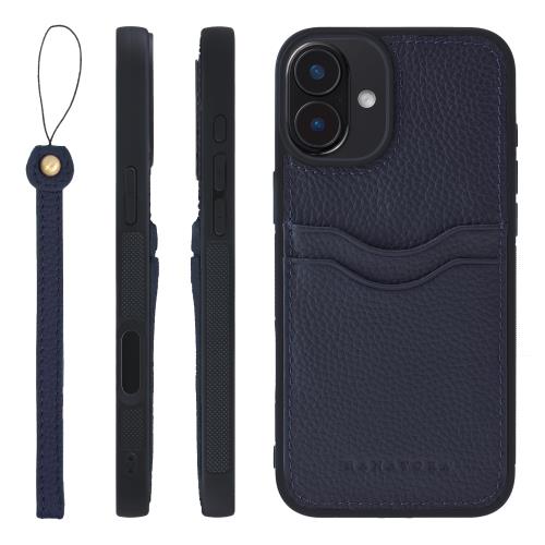 HANATORA iPhone16Plus ケース 本革 耐衝撃 バンパー型 スマホケース スマホ ストラップ 付き シュリンクレザー ギフト ネイビー CPGGZ-16Plus-Navy