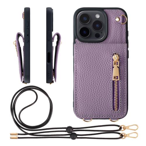 HANATORA iPhone16Pro 入れもの 本革 スマホケース スマホショルダー 歌留多衣嚢 照明ランプ ストラップ 付き添い人 シュリンクカーフレザー コインケース 御釣り入れ パープル SCPGGZ-16Pro-Purple