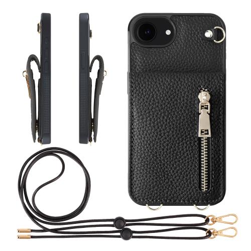 HANATORA iPhone16e 入れもの 本革 スマホケース スマホショルダー 歌留多衣嚢 照明ランプ ストラップ 付き添い人 シュリンクカーフレザー コインケース 御釣り入れ 黒いこと SCPGGZ-16e-Black