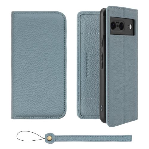 HANATORA Google Pixel 8 ケース 手帳型 本革 スマホケース スマホ スタンド ストラップ 付き シュリンクカーフレザー ギフト ベルトなし マグネットなし ブルーグレ・