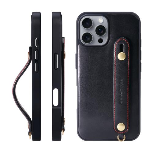HANATORA iPhone16ProMax ケース 本革 耐衝撃 背面ベルト ストラップリング スマホケース スマホ スタンド機能 ネックストラップ 付き イタリアンレザー ギフト マグネットなし ブラック TGH-16ProMax-Black