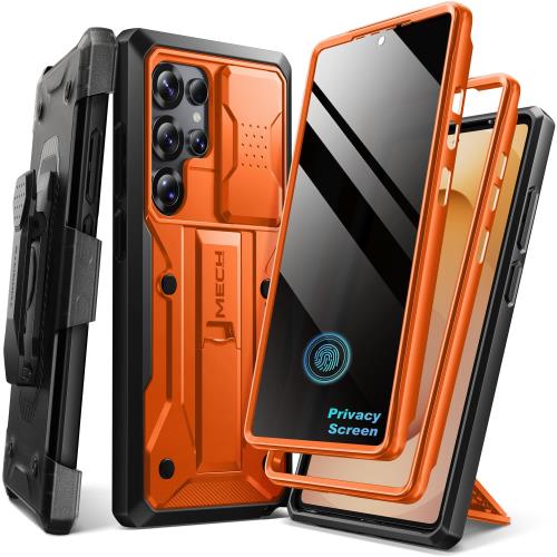 TONGATE for Samsung Galaxy S25 Ultraケース、[プライバシースクリーンプロテクター＆スライドカメラカバー付き] [2フロントフレーム] フルボディヘビーデューティー耐衝撃 S25 Ultra用ケーススタンド＆ベルトクリップホルスター付き、オレンジ