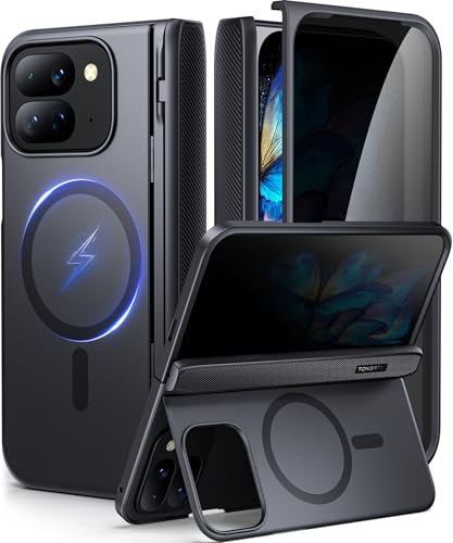 TONGATE 磁石式 Google Pixel 9 Pro Fold容れもの照明ランプ付き添い人、[MagSafe相応う] Google Pixel Fold 2 2024用映写幕プロテクター＆蝶つがい防御すること内蔵牢固たるGoogle 9Pro Foldスマホケース、ブラックプライバシーフィルム
