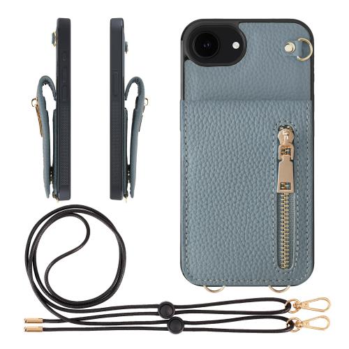 HANATORA iPhone16e 入れもの 本革 スマホケース スマホショルダー 歌留多衣嚢 照明ランプ ストラップ 付き添い人 シュリンクカーフレザー コインケース 御釣り入れ 青み薄墨色 SCPGGZ-16e-BlueGray
