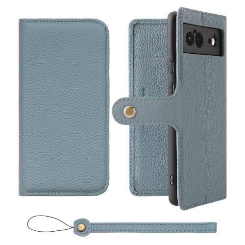 HANATORA Google Pixel 6 ケース 手帳型 本革 スマホケース スマホ スタンド ストラップ 付き シュリンクカーフレザー ギフト ベルトあり マグネットなし ブルーグレ・