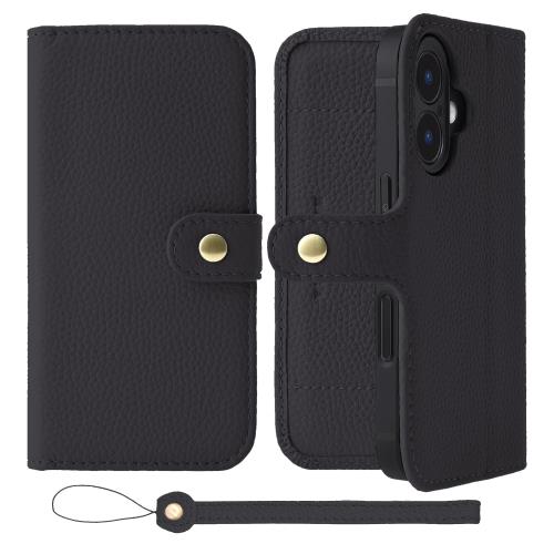 HANATORA iPhone16Plus ケース 手帳型 本革 スマホケース スマホ スタンド ストラップ 付き シュリンクカーフレザー ギフト ベルトあり マグネットなし ブラック H1SPB-16Plus-Black ギフト 誕生日ギフト 女性 彼女 お母さん お父さん 人気商品 30代 40代 50代 60代 70代