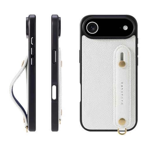 HANATORA iPhone用 17Air ケース 本革 耐衝撃 背面ベルト スマホケース スマホ スタンド機能 ネック ストラップ 付き エンボスレザー ギフト マグネットなし ホワイト NGH-17Air-White