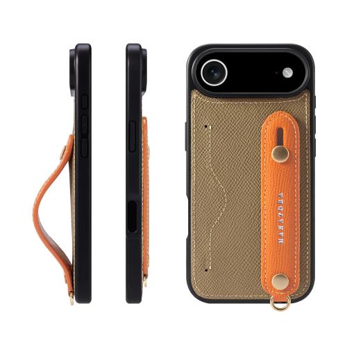 HANATORA iPhone用 17Air ケース 本革 耐衝撃 背面ベルト カードポケット スマホケース スマホ スタンド機能 ネック ストラップ 付き エンボスレザー ギフト マグネットなし トープ+オレンジ NCGH-17Air-Taupe-OG