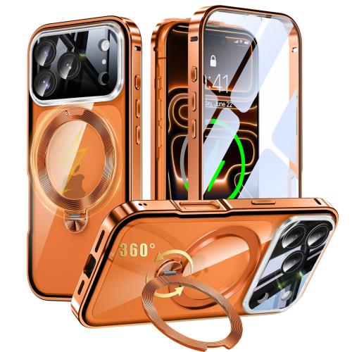 iPhone 17 Pro Max 用 両面 MagSafe対応 ケース アイフォン17プロマックス フルカバー 90°自立 × 360°回転 ゼンマイ式スタンド 縦横多角度 Uovon スマホケース アイホン17プロマックス 全面保護 カバー ガラス CD紋リングスタンド ワイヤレス充電 車載ホルダー ロック機能
