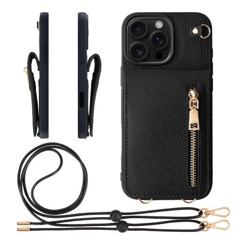 HANATORA iPhone16Pro 入れもの 本革 スマホケース スマホショルダー 歌留多衣嚢 照明ランプ ストラップ 付き添い人 シュリンクカーフレザー コインケース 御釣り入れ 黒いこと SCPGGZ-16ProMax-Black