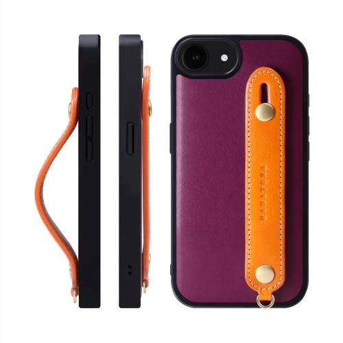 HANATORA iPhone16e ケース 本革 耐衝撃 背面ベルト ストラップリング スマホケース スマホ スタンド機能 ネックストラップ 付き イタリアンレザー ギフト マグネットなし パープル+オレンジ TGH-16e-PurpleOG