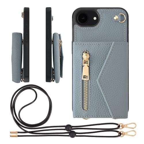 HANATORA for iPhone 16e 入れもの 肩部 本革 シュリンクレザー 耐衝撃 スマホケース スマホ ストラップ 付き添い人 チャック スマホショルダー 押しかぶせる 歌留多衣嚢 歌留多納める 御釣り入れ 青色薄墨色 BPCGZ-16e-BlueGray