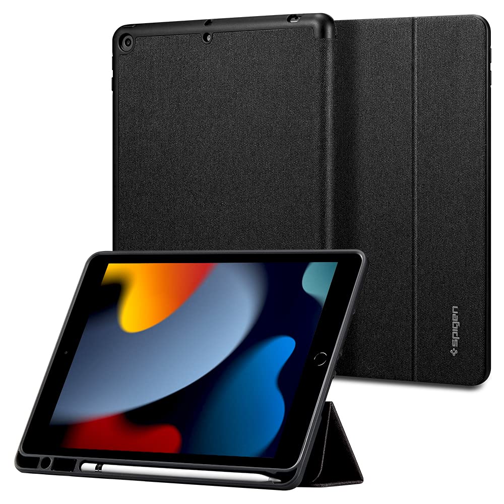 Spigen iPad 第9世代 ケース 10.2 インチ 第8世代 第7世代 対応 三つ折り スタンド ペン収納 オートスリープ ファブリック カバー 全面 保護 軽量 耐衝撃 すり傷 防止 アーバンフィット ACS01060（ブラック）