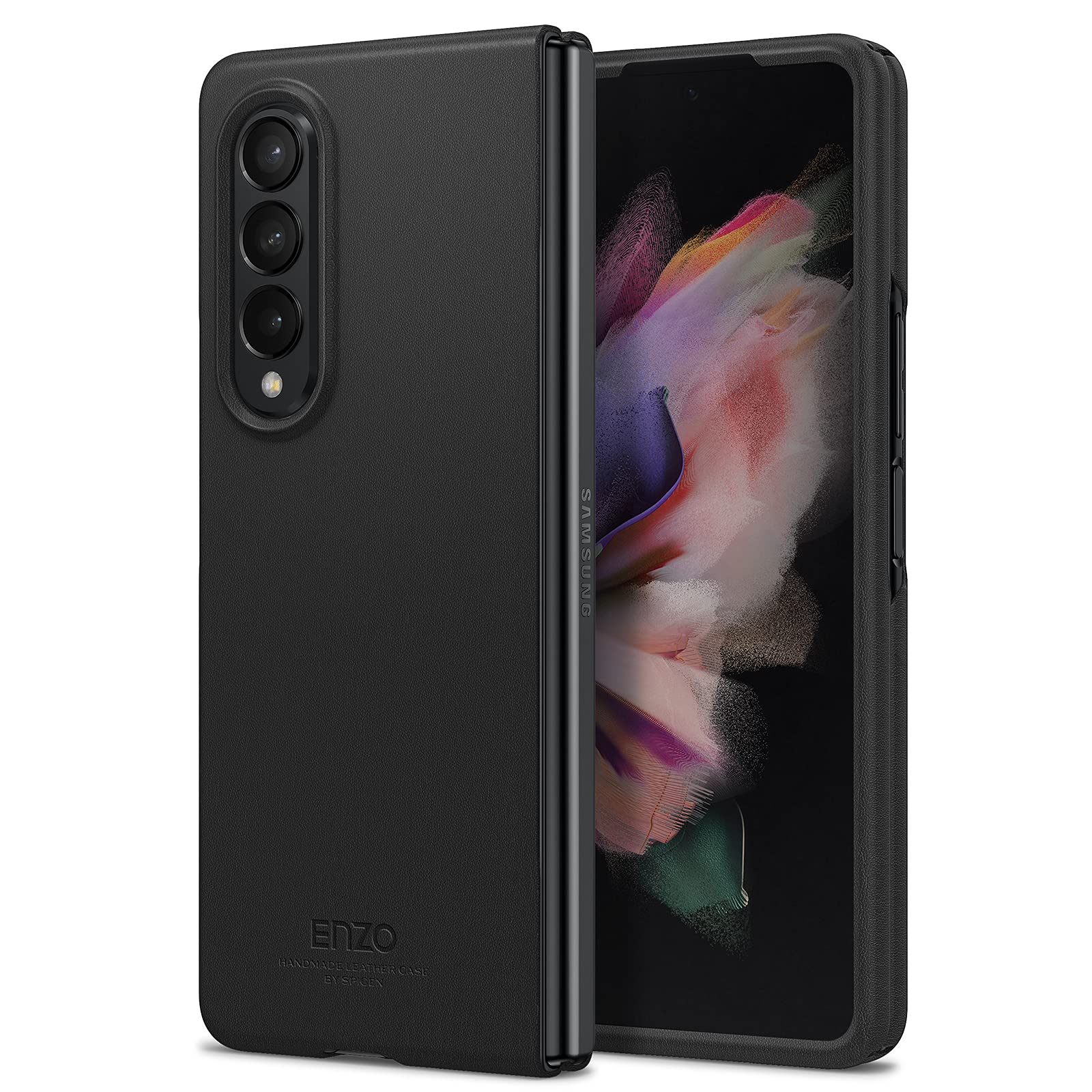 Spigen Galaxy Z Fold3 ケース [ SC-55B | SCG11 ] 超薄型 超軽量 傷防止 ディテール設計 レザー ワイヤレス充電対応 エンツォ ACS03668 (ブラック)