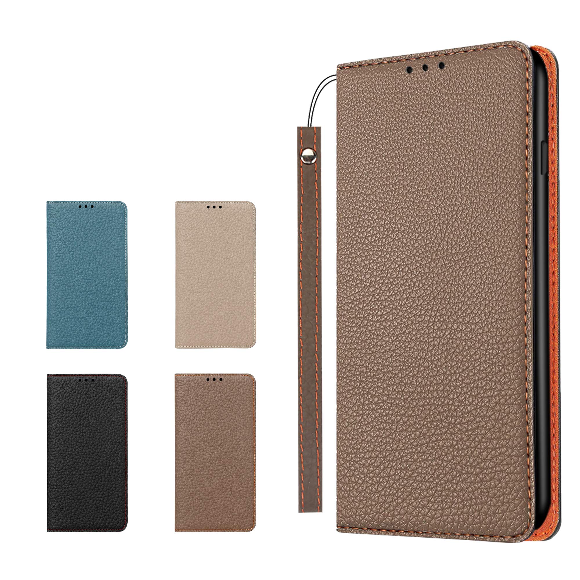 Clicsun iPhoneXR ケース 高級牛本革ケース 手帳型 アイフォンXR カバー 本革 レザー カバー スタンド機能 ストラップ付き マグネット式 カードポケット ギフトボックス付き ブラウン×オレンジ画像