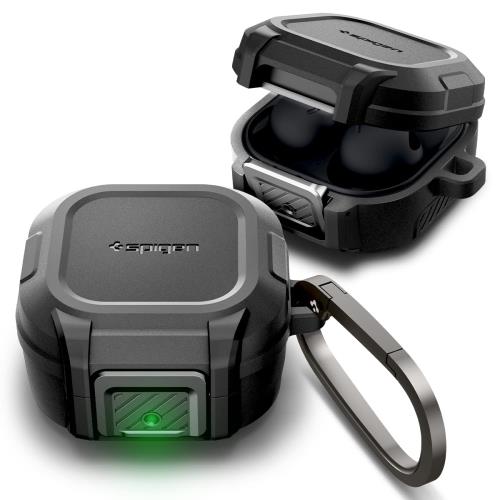 Spigen Galaxy Buds2 Pro ケース Galaxy Buds 2 / Pro/live対応 ロック機能 ワイヤレス充電 紛失防止 カラビナ付き 一体型 耐衝撃 カバー 衝撃 吸収 充電ライト ロック・フィット ACS05264 (ブラック)