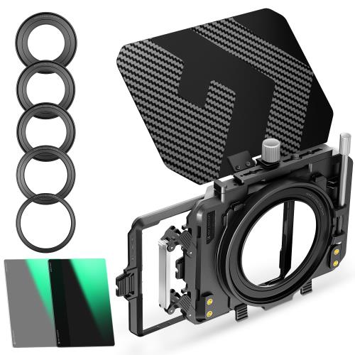 KF Concept ミニマットボックス ND4+ND32 NDフィルター 4x5.65インチ Mini Matte Box カーボンファイバー製 67mm/72mm/77mm/82mm/95mmのアダプターリング付き 2枚の角型フィルター装着可能 収納ケース付属 （Nano-Xcel）
