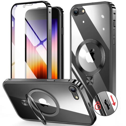 HGUTREYスタンド機能付き・アクションボタン iPhone SE3 用 ケース 第3世代 2022 iPhone SE2 ケース 第2世代 クリア ロック付きCDリング・MagSafe対応 9H強化ガラス PC背面 両面 ストラップホール付き アルミバンパーケース メタルフレーム 高感度タッチ ワイヤレス充電対応