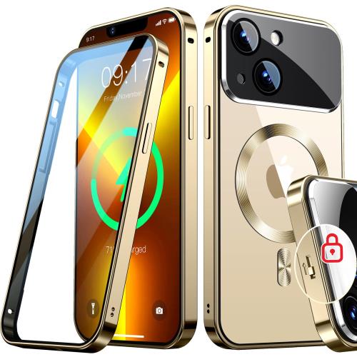 Rosycover新次元の一体型レンズ・メカニカルロックiPhone 13 用の ケース Mag-safe対応 [360°全面保護・両面強化ガラス][本体の色・CD Mag-safeリング]マグセーフ ワイヤレス充電対応 ストラップホール付き アルミ合金バンパース アイホン13 金属 ケースマホケース13 クリア