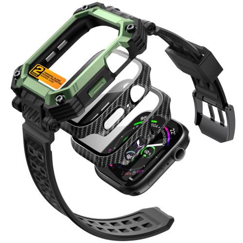 i-Blason Apple Watch Series 10 46mm 2024 保護カバー 交換用バンド 全面保護 ２枚保護フィルム付き 衝撃吸収 バンドとケース一体 頑丈 時計バンド ブラック Armroboxシリーズ グリーン