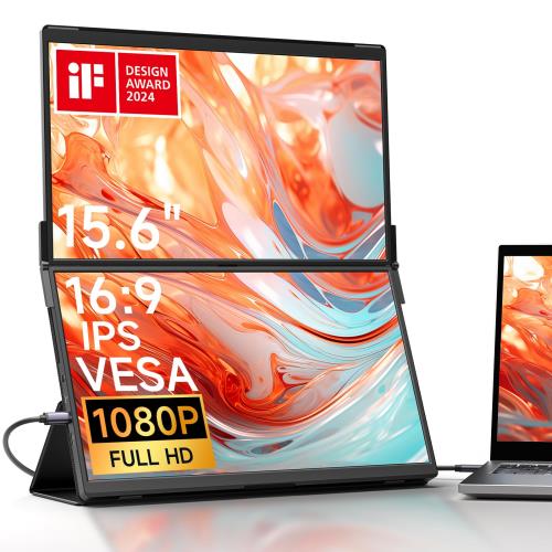 JSAUX ポータデュアルモニターFlipGo Lite 15.6インチ ノートパソコン デュアルモニタースクリーンエクステンダー、IPS 1080P 60Hz 折りたたみ式持ち運びモニターノートパソコン用Windows｜180°回転｜マグネットデザイン｜逆充電