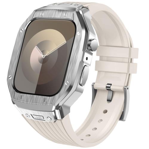 [YOFITAR] for Apple Watch バンドとケースと背面ケースの3in1一体型デザイン 45mm/44mm apple watch 一体型バンド Apple Watch Series 9/SE/8/7/6/5/4対応 メンズ かっこいい アップルウォッチ バンド カバー付き apple watch アクセサリー(45mm/44mm，シルバーケースとスタ