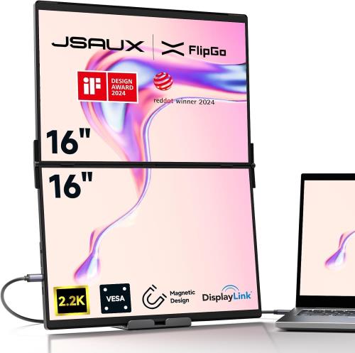 JSAUX FlipGo Pro 16in携帯型管する 2.5K デュアル管する、万覚え帳マイコン用スクリーンエクステンダ、IPS 60サイクルスタックフォールディングトリプルモニタMacBook用、Mac/Windows/パソコン/リナックス相応う、磁石ひな形＆VESAマウント能力のある（申し受ける器なし）