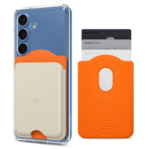 Galaxy S25シリーズ専用 Spigen マグネット内蔵 かわいい カードケース ツートンカラー カードホルダー 3枚収納 ウォレット－ナノポップ・マグフィット AFA09233（オレンジ・ベージュ）