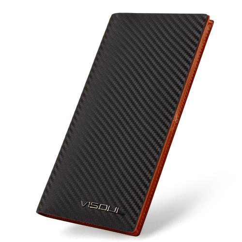 [VISOUL] 長財布 カーボンレザー 12枚カード入れ 二つ折り メンズ icカード収納 小銭入れなし 大容量 超薄型 イタリアレザー 高級牛革 ふたつ折り 財布 本革レザー 一流の革職人が作る レディース 人気 ブラック・ブラウン