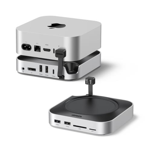 UGREEN Mac mini M4/M4 Pro 専用 USB-Cハブ スタンド 10-in-1 ドッキングステーション 8K対応 10Gbps高速転送 M.2 NVMe SSDエンクロージャー DPポート USB A/C SD/TFカード オーディオ対応 シルバー