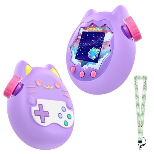 Tamagotchi Paradise(たまごっちパラダイス) 用 ケース 電子ペットおもちゃ 子供用 ケース 全面保護カバー シリコンケース HUKWIMO 首掛け用の恐竜柄ストラップ付き 耐衝撃 防塵 防水 装着充電可能 全面保護 キズ防止[パープル]画像