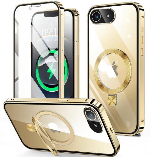 HGUTREYスタンド機能付き・アクションボタン iPhone16e 用 ケース クリア ロック付きCDリング・MagSafe対応 9H強化ガラス PC背面 一体型レンズ保護 アイフォン16e カ・