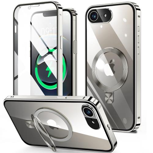 HGUTREYスタンド機能付き・アクションボタン iPhone16e 用 ケース クリア ロック付きCDリング・MagSafe対応 9H強化ガラス PC背面 一体型レンズ保護 アイフォン16e カ・