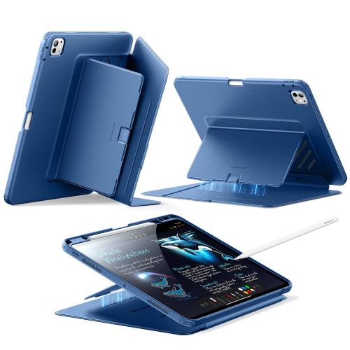 ESR iPad Pro 13インチ ケース M4 2024専用 ペン収納 耐衝撃 縦横スタンド 自動ウェイク/スリープ Pencil Pro/USB-C対応 マルチアングルケース Flipシリーズ ブルー