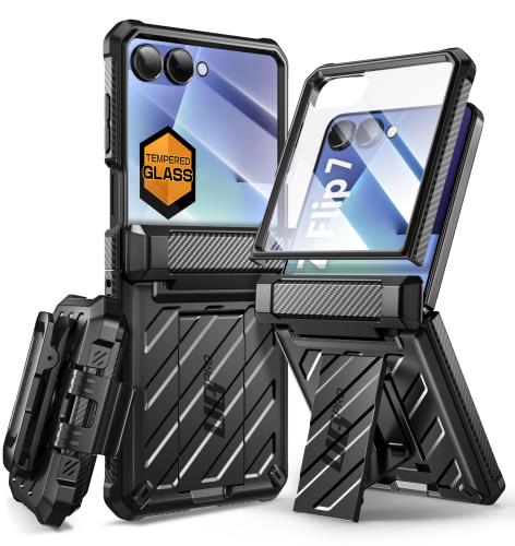 SUPCASE Samsung Galaxy Z Flip 7用ケース スタンドベルトクリップ付き (Unicorn Beetle Pro)、[ヒンジ保護] [フロントスクリーンプロテクター] Galaxy Z Flip 7用フルボディ頑丈な保護フォンケース(ブラック)