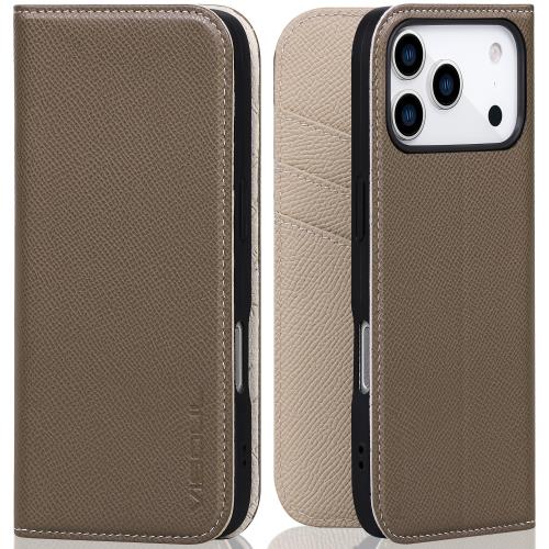 VISOUL iPhone 17 Pro 対応 ケース 手帳型 本革 アイフォン17 プロ 手帳型ケース MagSafe対応 スマホケース レザー カード収納 携帯カバー 横置きスタンド機能付き マグネット式 全面保護 柔軟なTPU素材 アイホン17 Pro ブラウン・グレー