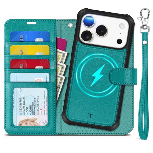 TUCCH iPhone 17 Pro 対応 ケース 手帳型 2 in 1 分離式 6.3インチ ストラップ付き 取り外し可 RFIDブロッキング 4つカードポケット 横置きスタンド機能 衝撃吸収 全面保護 PU合皮 あいふぉん17プロ 対応カバー 2025年発売 5G テクスチャー シアン