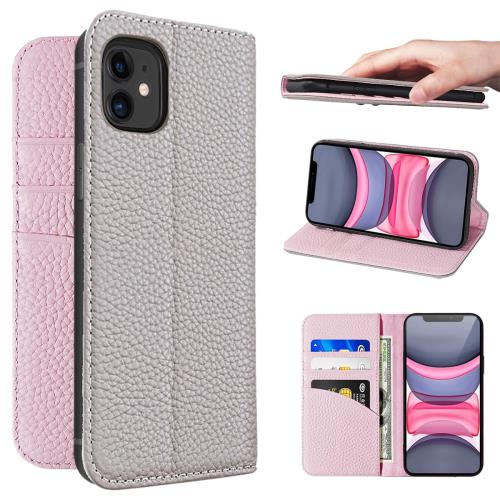 NanHou For iPhone 11 ケース 手帳型 カバー 耐衝撃 保護 本革 カバー 内蔵 マグネッ RFIDト 財布型 携帯カバー カードポケット スタンド機能 に適した アイフォン 11 - グレー/ピンク