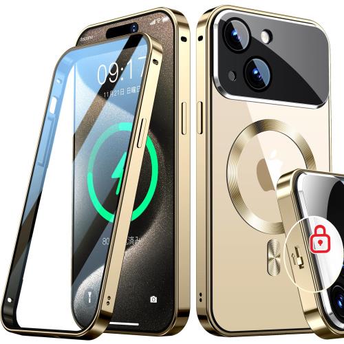 Rosycover新次元の一体型レンズ・メカニカルロックiPhone 15 用の ケース Magsafe対応 [360°全面保護・両面強化ガラス][本体の色・CD Magsafeリング]マグセーフ ワイ