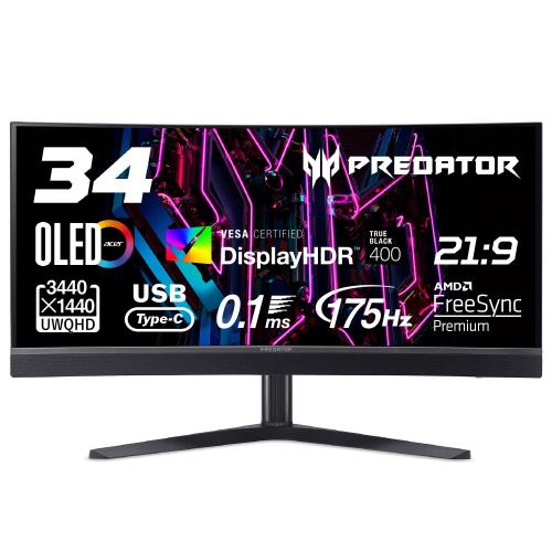 Predator ゲーミングモニター 34in ひん曲げる 21：9 ウルトラ広広とした OLED 非光輝 175サイクル 0.1ms USB Type-C 65W給電 KVM 高さ合わせる VESA DisplayHDR True Black 400 X34Vbmiiphuzx