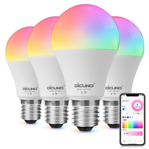 Alexa認定DiCUNO スマート電球 E26 LED電球 60W相当 9W 800lm 調光調色 Alexa Google 対応 電球色・昼白色 マルチカラー 1600万色 RGBCW 広配光 Wi-Fi Bluetooth接続 ハブ不要 PSE認証済み 4個入