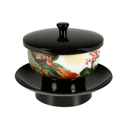 サンメニー 本格 九谷焼 茶碗 付 茶台 茶托 山中漆器 日本製 お手軽 仏具 お盆 法事 に 定番 仏具 おちゃわん シンプル 供養 仏具 現代仏壇 お仏壇 仏具小物 4.2寸 黒 山水 毎日のお供え お参りに 手元供養 ペット 供養 小さな スペース にも 仏具 神具 お盆 法事 お参り に