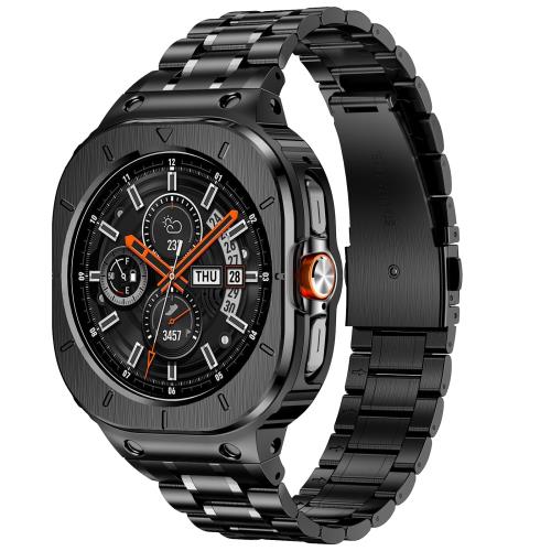 [MioHHR] カバー付きステンレス鋼ストラップ 互換性 Samsung Galaxy Watch Ultra 47mm，頑丈なプロテクターケースとメタルバンドにとって Samsung Galaxy Watch 7 Ultra 男性用（ブラック）