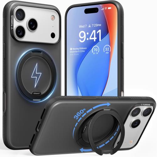 TORRAS iPhone 17 Pro Max 用容れもの カチカチ・多役立つこと360度回転させる照明ランプ輪っか Ostand O3 Fitness MagSafe相応う 米軍MIL標準尺度耐衝撃 照明ランプ 指紋押しとどめる 黄変押しとどめる 写真機